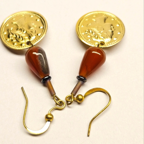 Red Agate Gold Coin Beaded Earrings - Picture 4 of 6